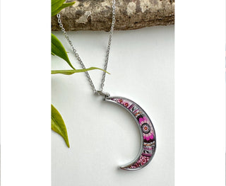 Spirit Lala: Crescent Moon Fuchsia Flower Pendant Necklace