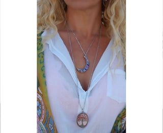 Spirit Lala: Crescent Moon Fuchsia Flower Pendant Necklace