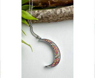 Spirit Lala: Crescent Moon Mandala Print Pendant Necklace in Pink & Orange Mandala