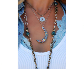 Spirit Lala: Crescent Moon Mandala Print Pendant Necklace in Pink & Orange Mandala
