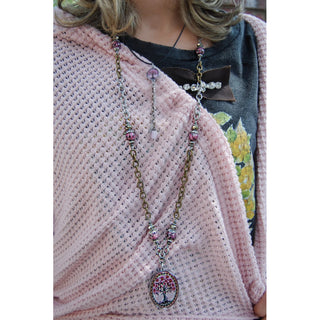 Pink Tree Oval Gemstone Necklace