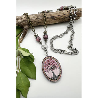 Pink Tree Oval Gemstone Necklace