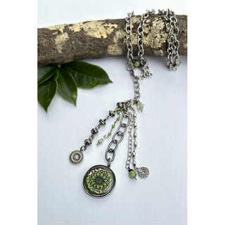 Rustic Chain Drop Green Brown Flower Art Pendant Necklace