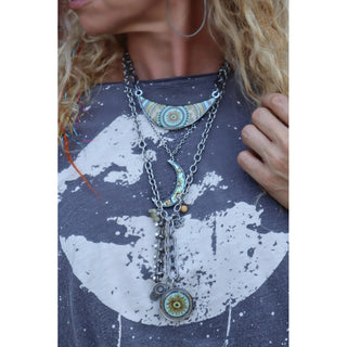 Crescent Moon Green Sunflower Pendant Necklace