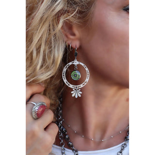 Green Brown Flower Circle Leaf Drop Earrings