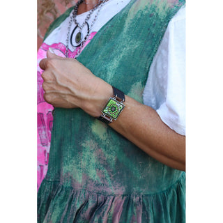 Green Brown Flower Art Cuff Bracelet
