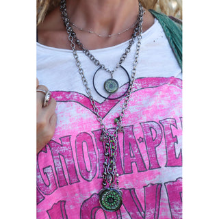 Rustic Chain Drop Green Brown Flower Art Pendant Necklace
