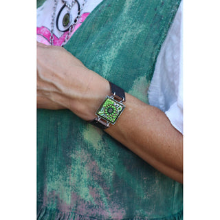 Green Brown Flower Art Cuff Bracelet
