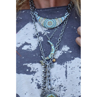 Crescent Moon Green Sunflower Pendant Necklace