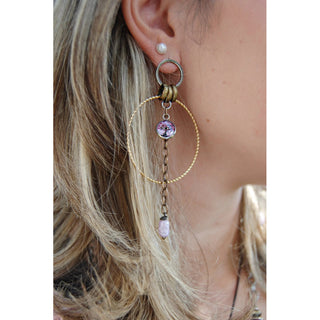 Small Art Pink Tree 2 Circle Silver Gold Chain Drop Earrings