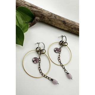 Small Art Pink Tree 2 Circle Silver Gold Chain Drop Earrings