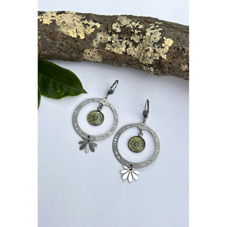 Green Brown Flower Circle Leaf Drop Earrings
