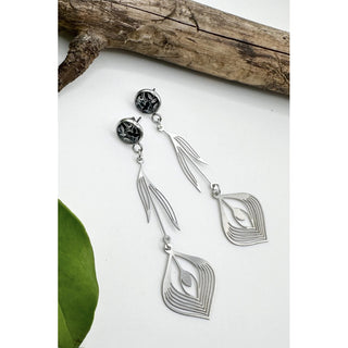 Abstract Black Flower Feather Drop Earrings