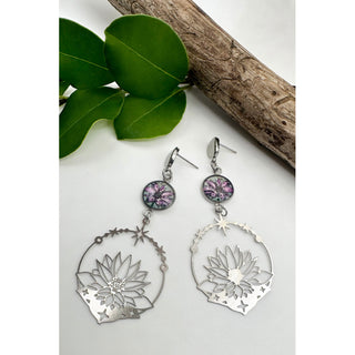 Lotus Open Circle Silver Charm Drop Earrings