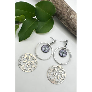 Purple Tree Double Circle Charm Drop Earrings