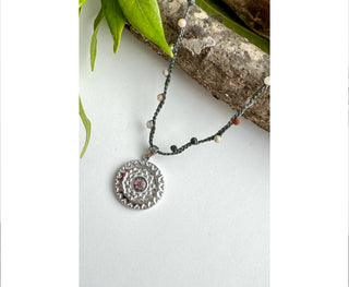 Spirit Lala: Medallion Mandala Crochet Necklace in Pink