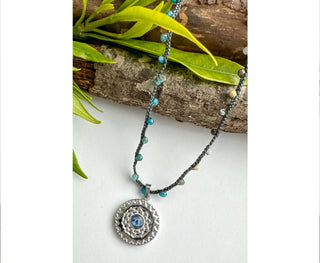 Spirit Lala: Medallion Mandala Crochet Necklace in Blue