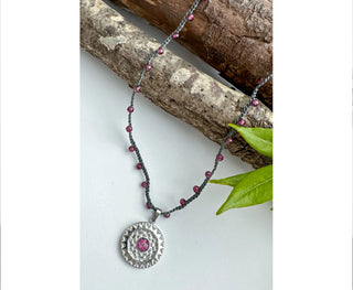 Spirit Lala: Medallion Mandala Crochet Necklace in Pink Flower