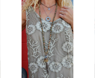 Spirit Lala: Statement Gem Taupe Mandala Tassel Necklace