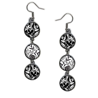 Triple Circle Drop Leaf Flower Black & White Earring