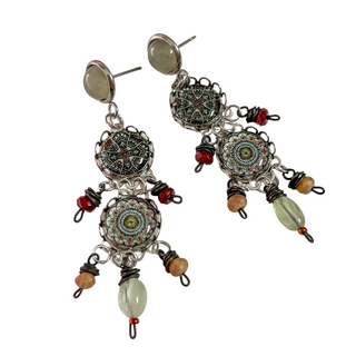 Orange Green Mandala Circular Tiered Earrings