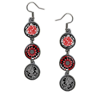 Triple Circle Drop Black White Red Flower Earring