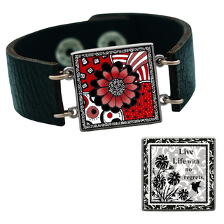 Black White Red Flower Reversible Quote Bracelet