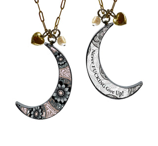 Never Fucking Give Up Crescent Moon Charm Set Necklace