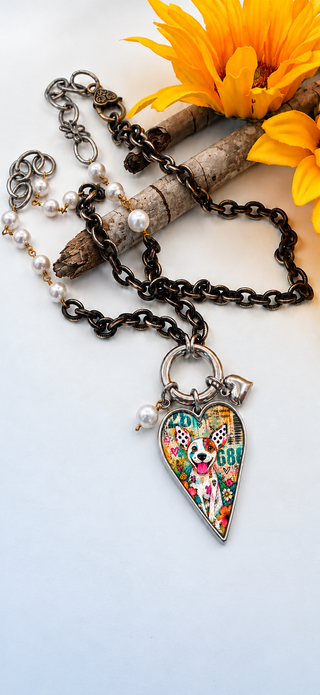 Spirit Lala: Graffiti Dog Heart Open Circle Crystal Chain Necklace