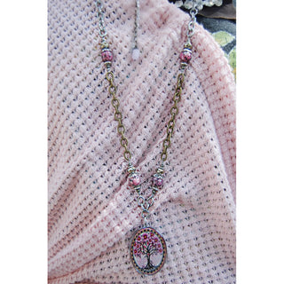 Pink Tree Oval Gemstone Necklace