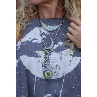 Rustic Chain Drop Green Sunflower Art Pendant Necklace