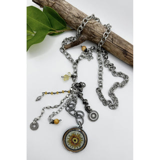 Rustic Chain Drop Green Sunflower Art Pendant Necklace