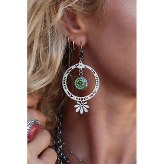 Green Brown Flower Circle Leaf Drop Earrings