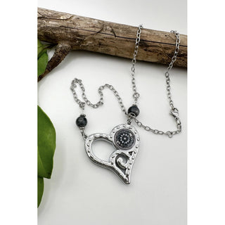 Grey Flower Abstract Heart Pendant Necklace