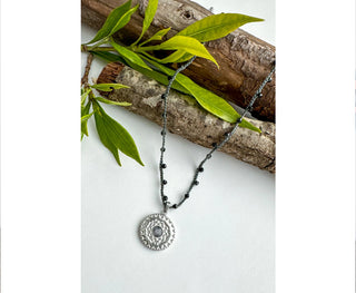 Spirit Lala: Medallion Mandala Crochet Necklace in Grey