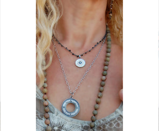 Spirit Lala: Medallion Mandala Crochet Necklace in Grey