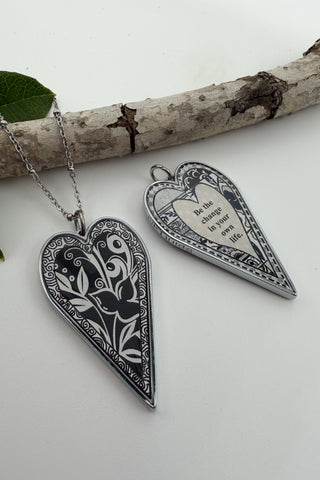 Large Heart Pendant Necklace - Flower Designs