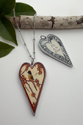 Large Heart Pendant Necklace - Bird Designs