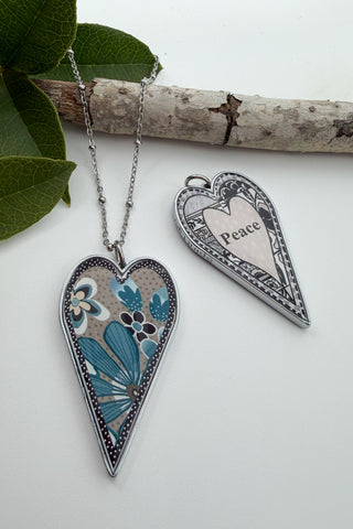 Large Heart Pendant Necklace - Flower Designs