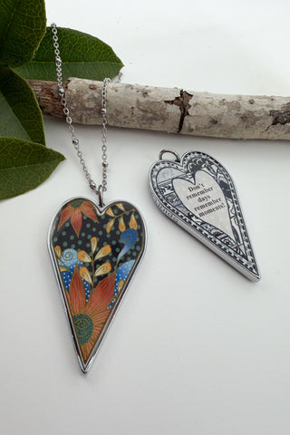 Large Heart Pendant Necklace - Flower Designs