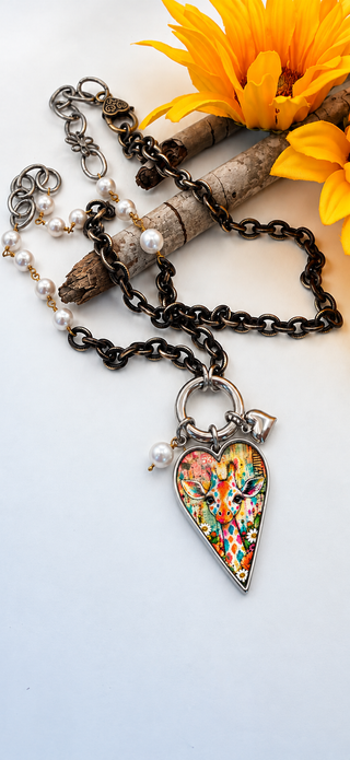 Spirit Lala: Graffiti Giraffe Heart Open Circle Crystal Chain Necklace