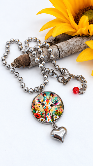 Spirit Lala: Large Graffiti Giraffe Circle Charm Pendant Necklace