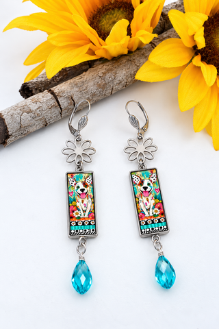 Spirit Lala: Graffiti Dog Rectangle Daisy Earrings