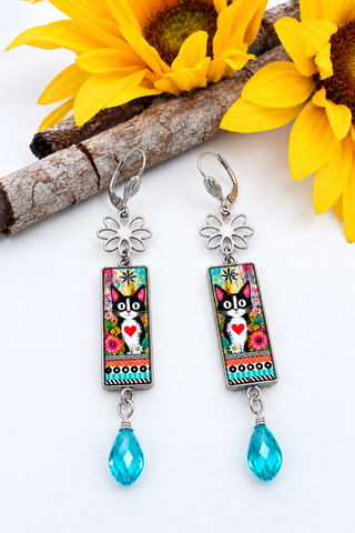 Spirit Lala: Graffiti Cat Rectangle Daisy Earrings