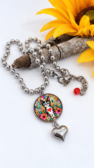Spirit Lala: Large Graffiti Cat Circle Charm Pendant Necklace