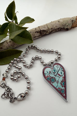 Large Heart Pendant Necklace - Bird Designs