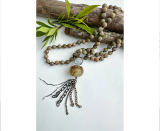 Spirit Lala: Statement Gem Taupe Mandala Tassel Necklace