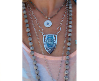 Spirit Lala: Tree of Life Dark Blue Shield Pendant Necklace