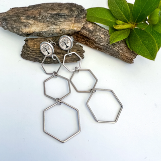 Tree Of Life Hexagon Drop Statement Earrings
